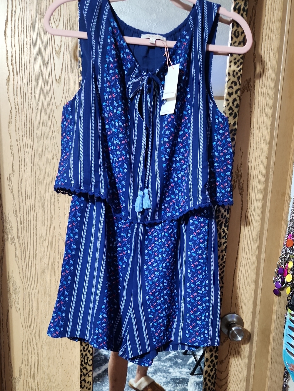 Skies Are Blue Navy Floral & Stripe Tie-Front Romper